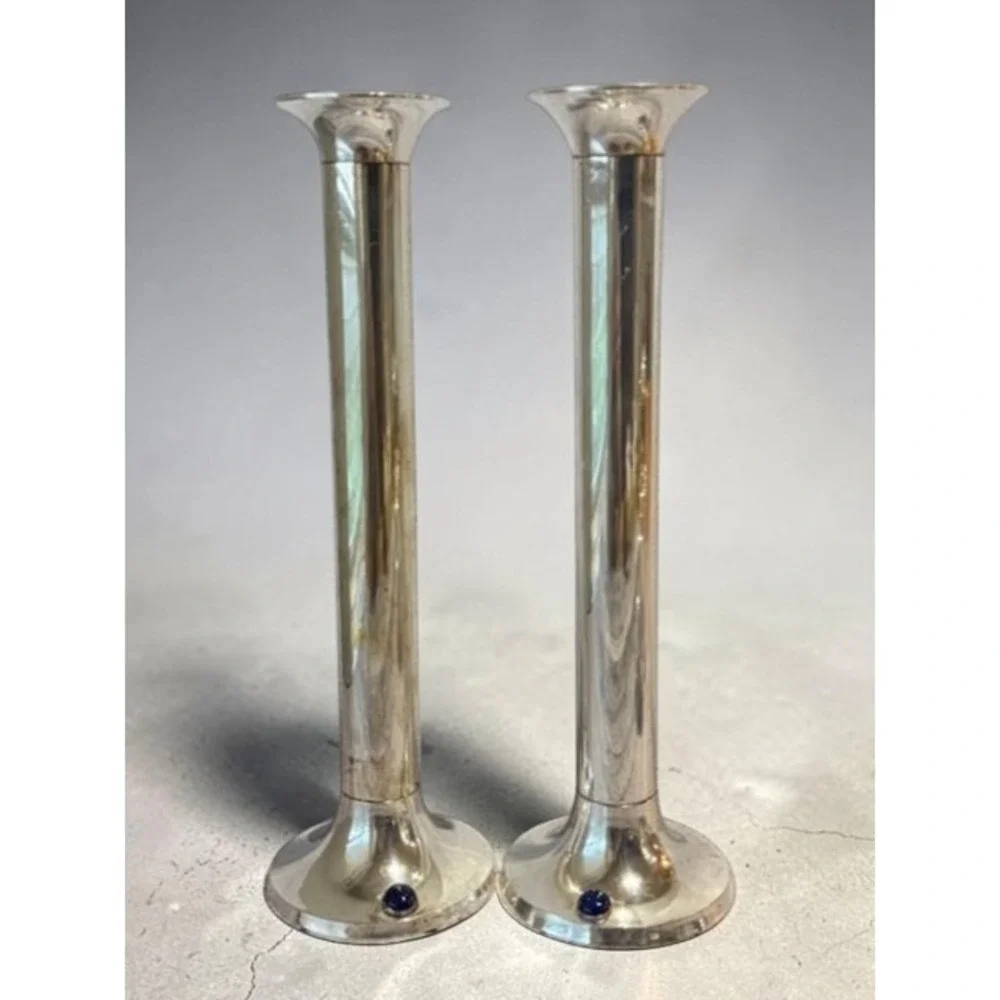 Vintage MCM Silver Plated Cylinder Candle Holders Cabochon Stone Accented Base